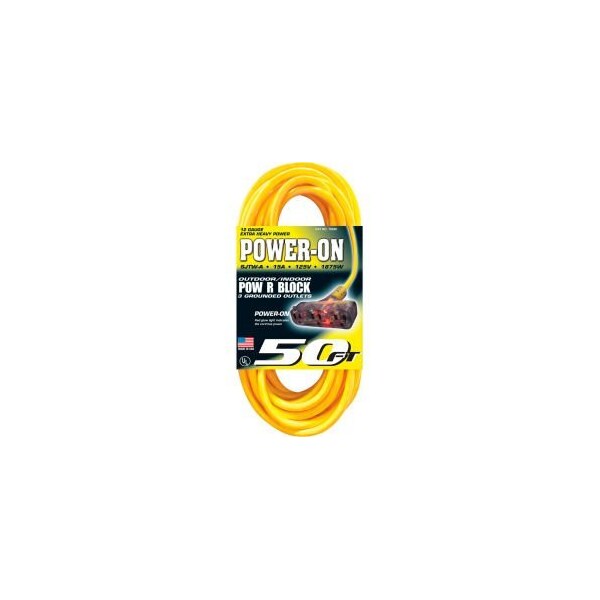 U.S. Wire & Cable SJTW Extension Cord, 12 AWG, Outdoor, 12/3, 3 Outlets, 5-15R, Yellow, Vinyl, 5-15P, 50 ft 76050 - main